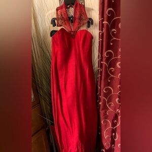 Elegant Red Halter Evening Gown with Beaded Neckline